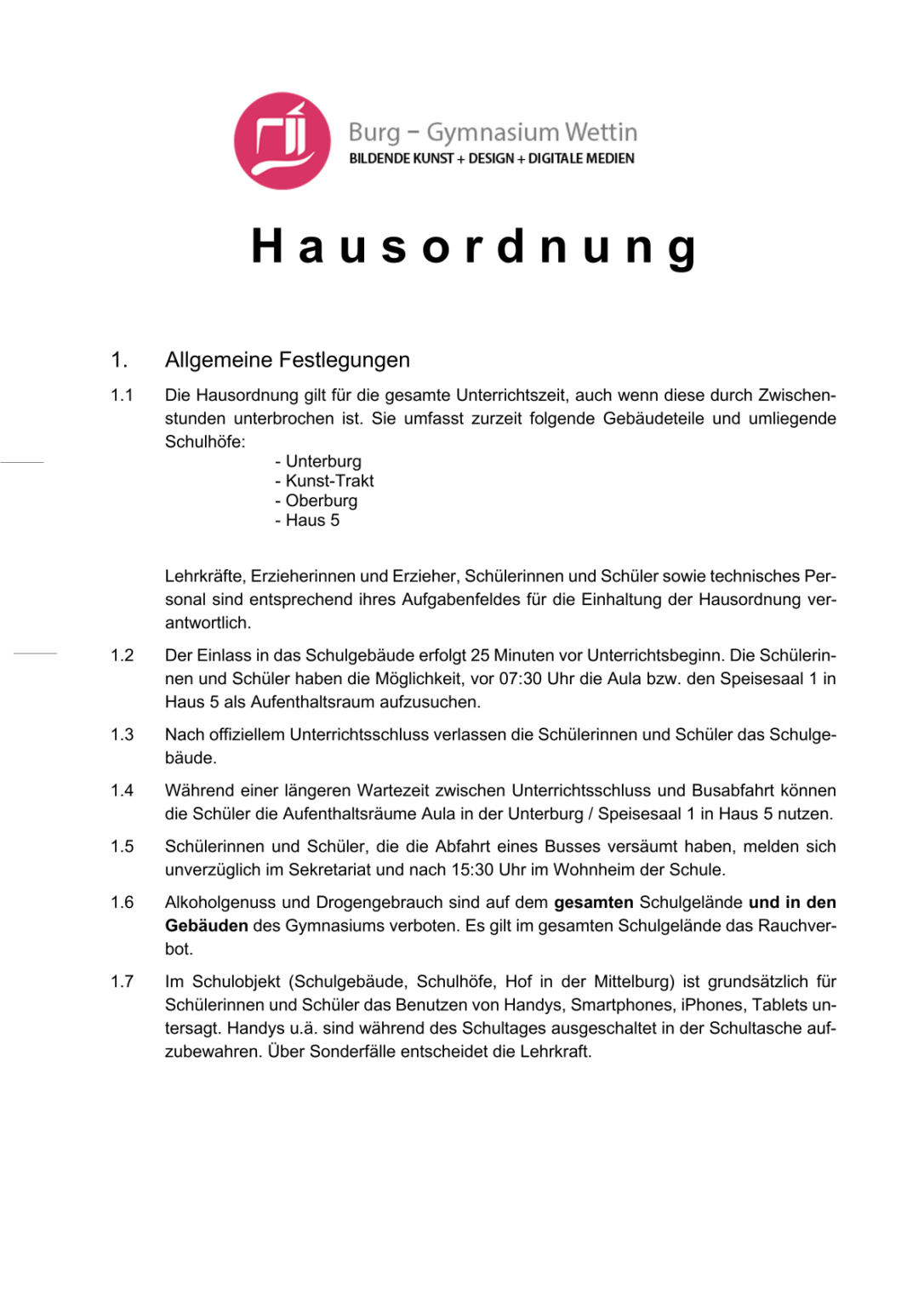Hausordnung BurgGymnasium Wettin